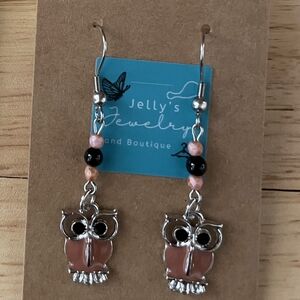 Jelly's Jewelry and Boutique Handcrafted Silver, Black, and Pink Owl Earrings
